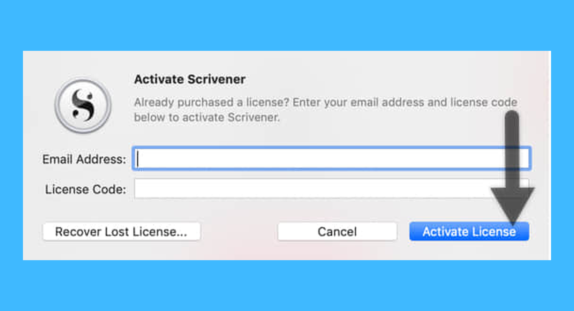 Scrivener 3真实操作步骤2：二、在新弹窗中输入激活码 & 购买时所绑定的邮箱账号，并点击「激活」按钮，即可完成激活；