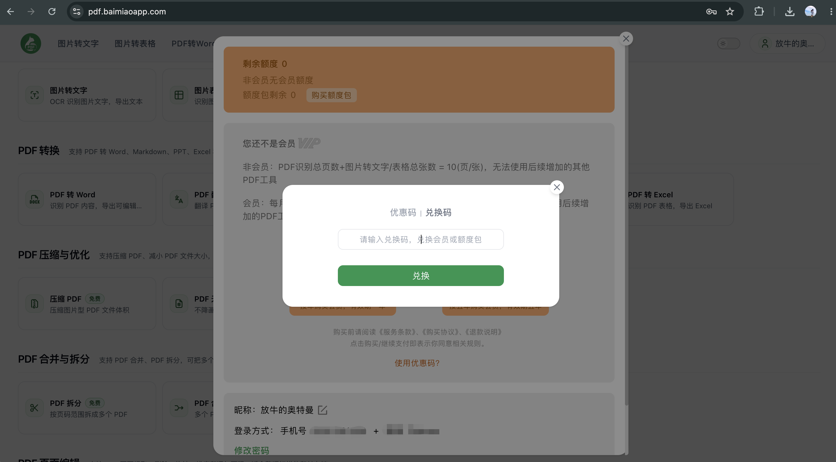 白描 PDF 真实操作步骤三:在兑换码弹窗中输入兑换码