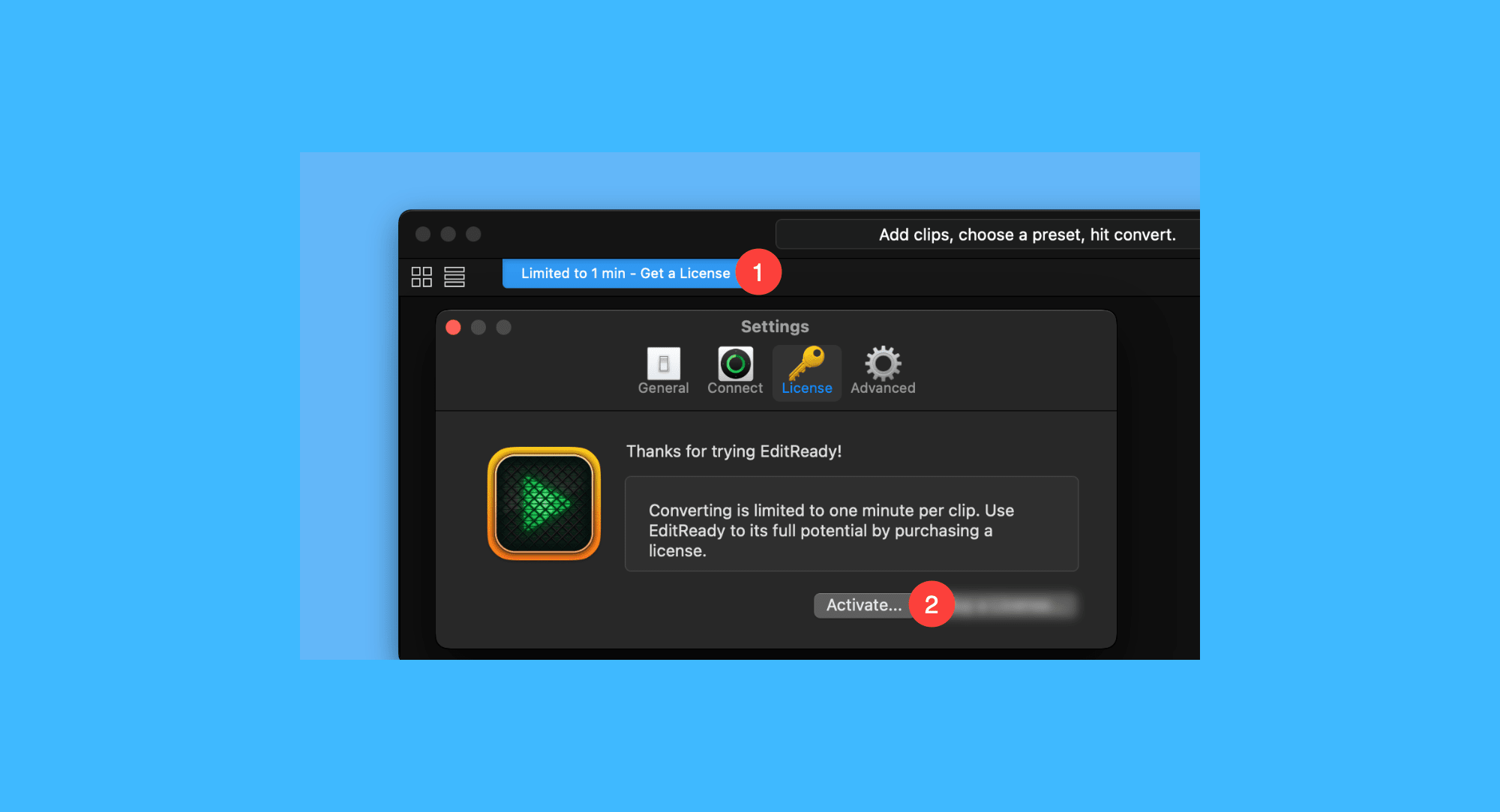 EditReady真实操作步骤1：一、运行「EditReady」后，点击软件中的「Get a License」，在弹出窗口中点击「Activate…」；