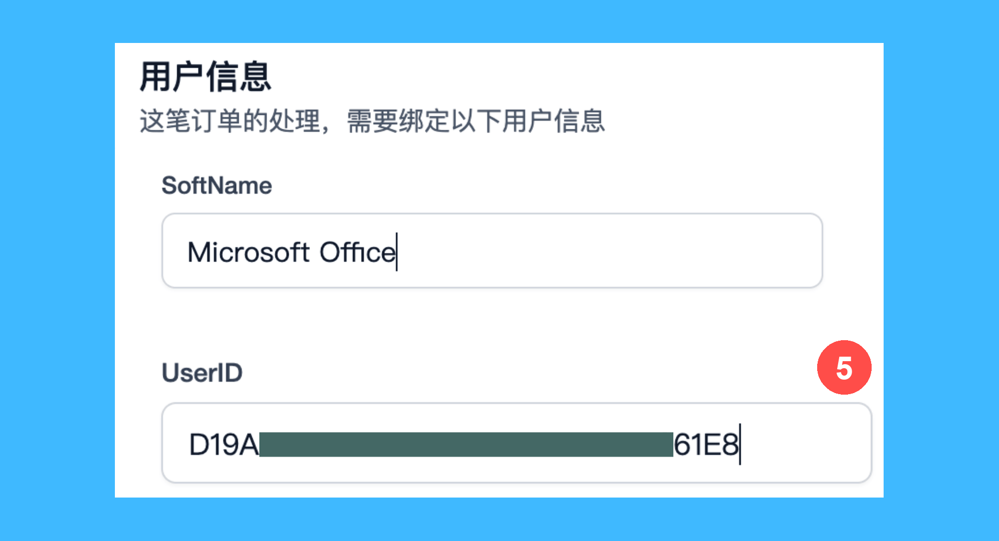 打工人 Excel 插件真实操作步骤6：三、在订单用户信息页面填写 SoftName 和 UserID，提交后等待系统处理离线许可。