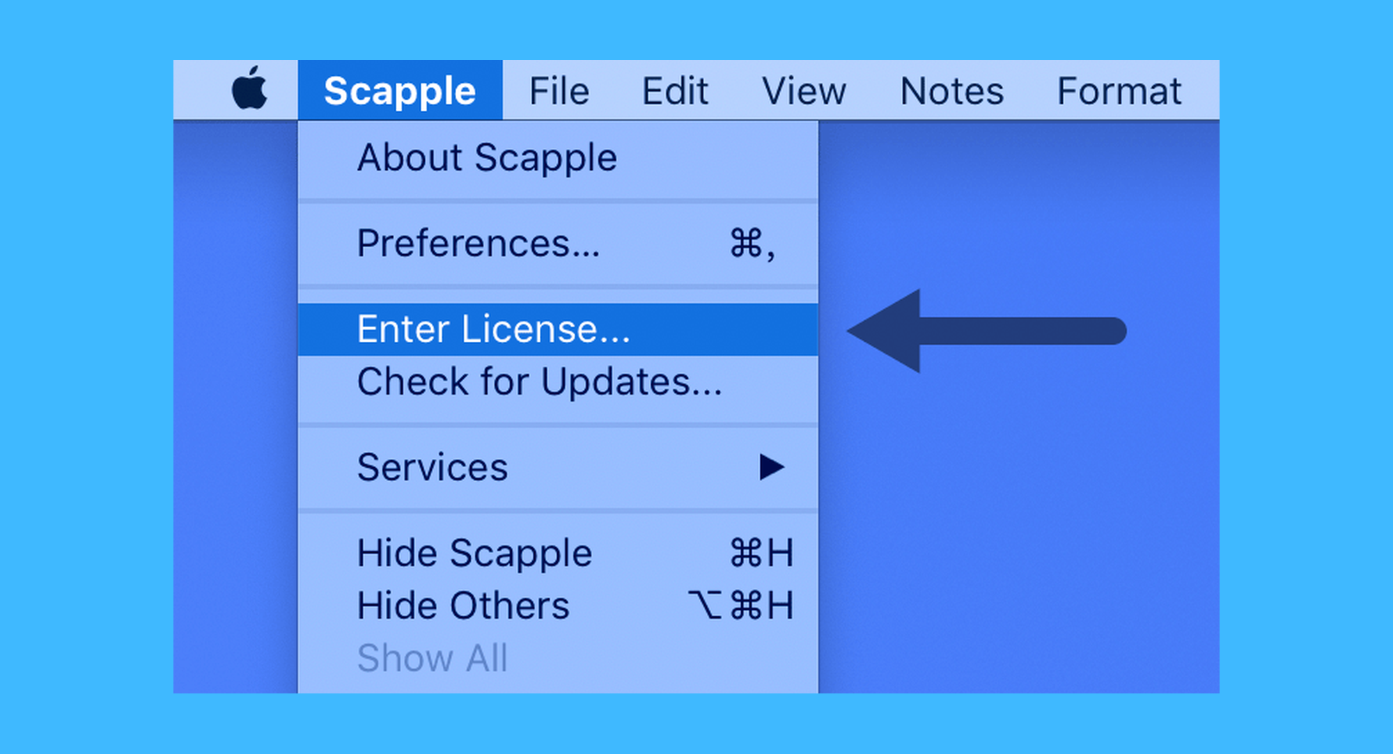 Scapple真实操作步骤1：一、运行 Scapple 软件，点击菜单「Scapple > Enter License」按钮；