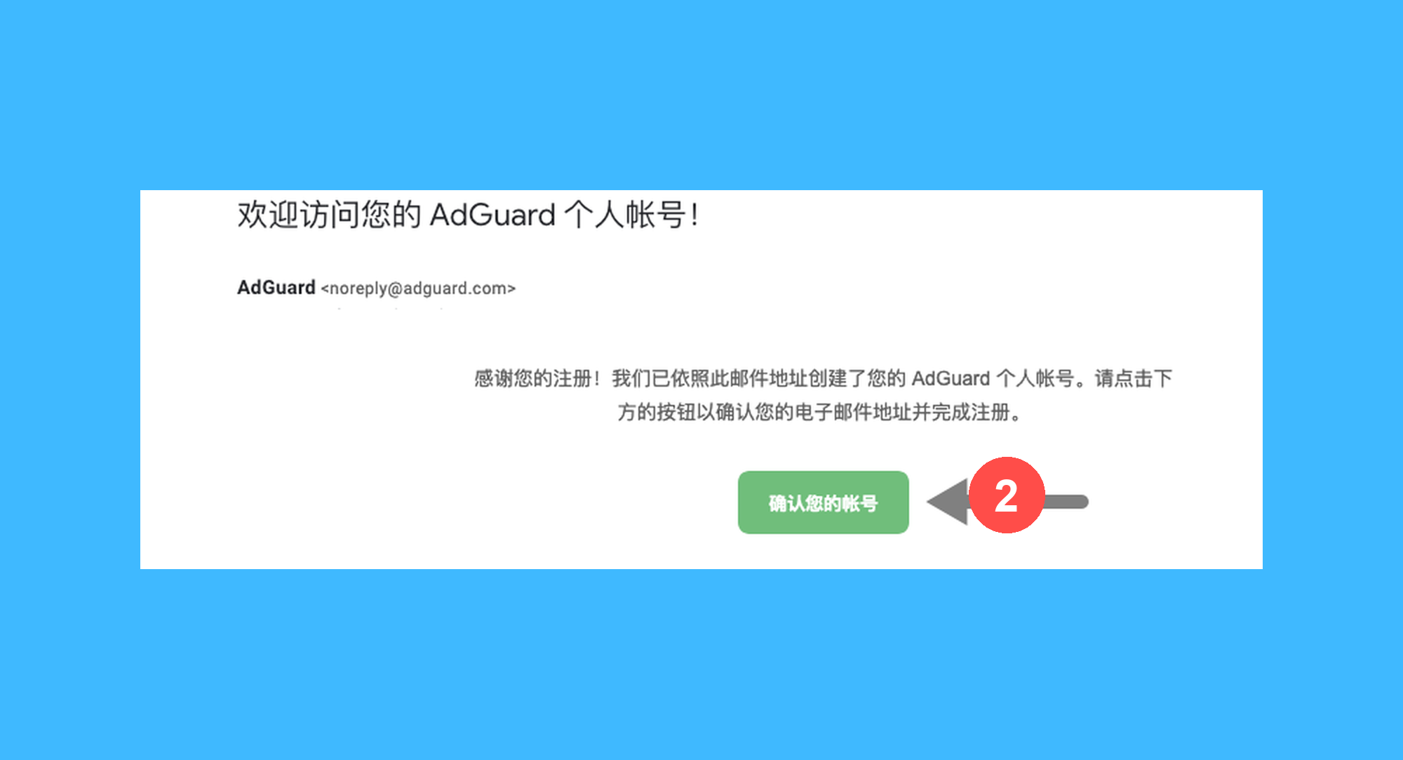 AdGuard真实操作步骤2：二、需前往邮箱查收验证邮件，点击「确认您的帐号」，验证后才可以正常登录；
