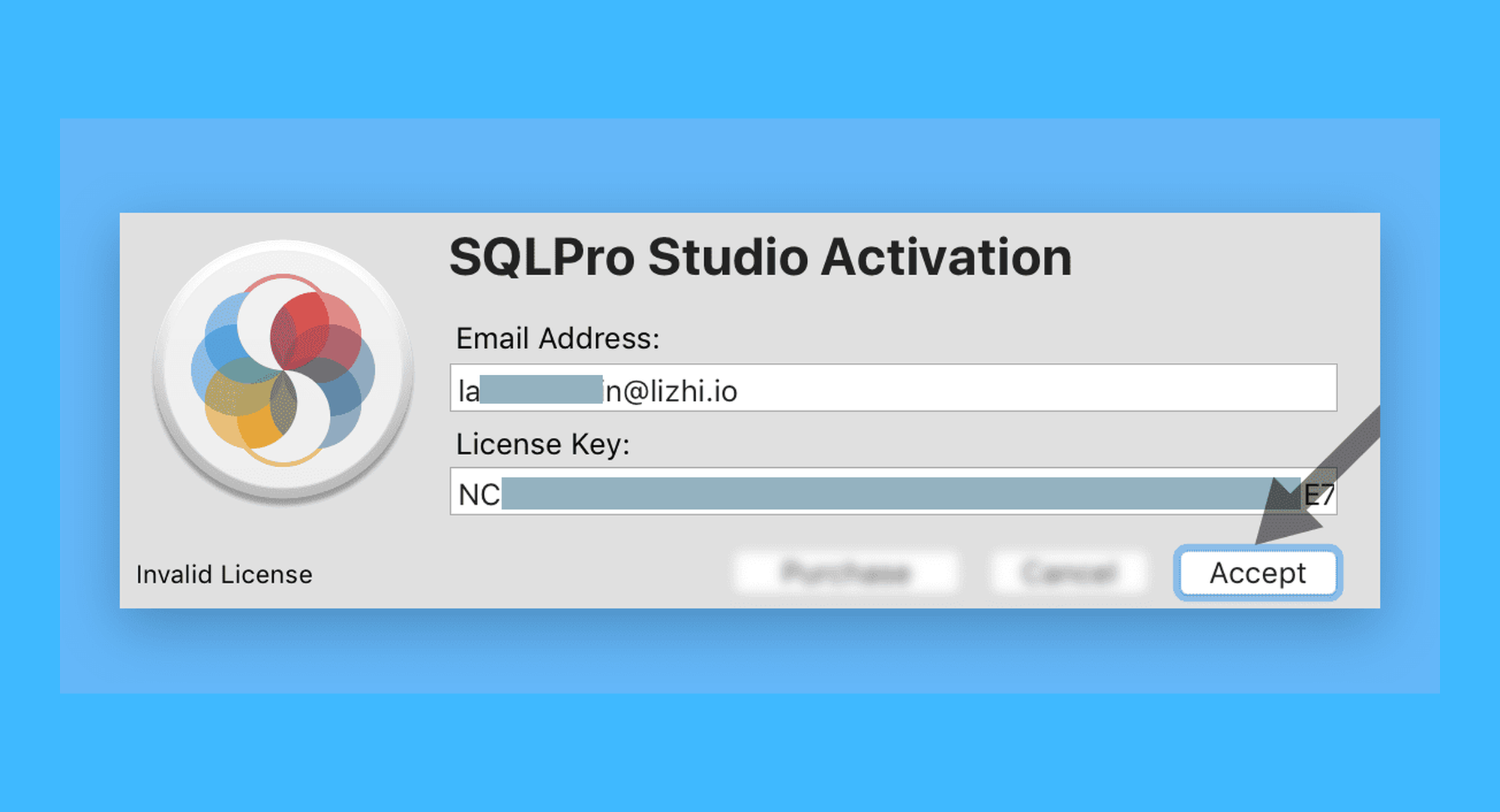 SQLPro真实操作步骤2：二、在弹窗的输入框内，输入邮箱 & 激活码，点击「Accept」按钮即可完成激活。