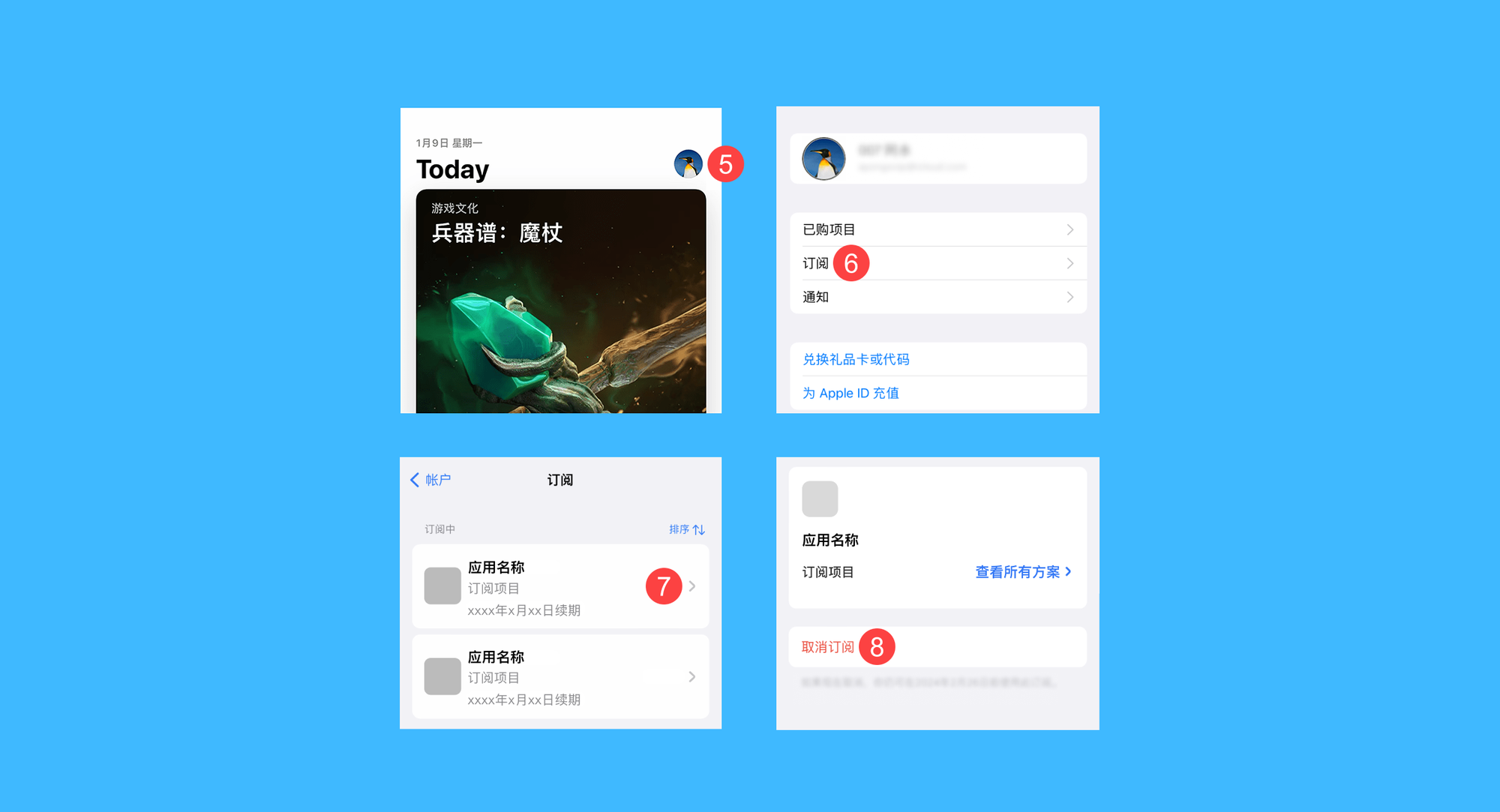 ByePhotos真实操作步骤3：三、兑换后在 App Store 依次点击「头像 > 订阅」按钮，选择订阅项目并点击「取消订阅」即可，不影响已激活时长。