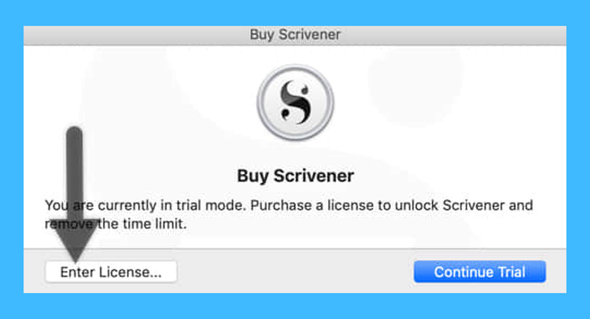 Scrivener 3真实操作步骤1：一、启动 Scrivener 软件，依次点击菜单栏「帮助 > 购买 Scrivener」，在弹窗中选择「Enter License」按钮；