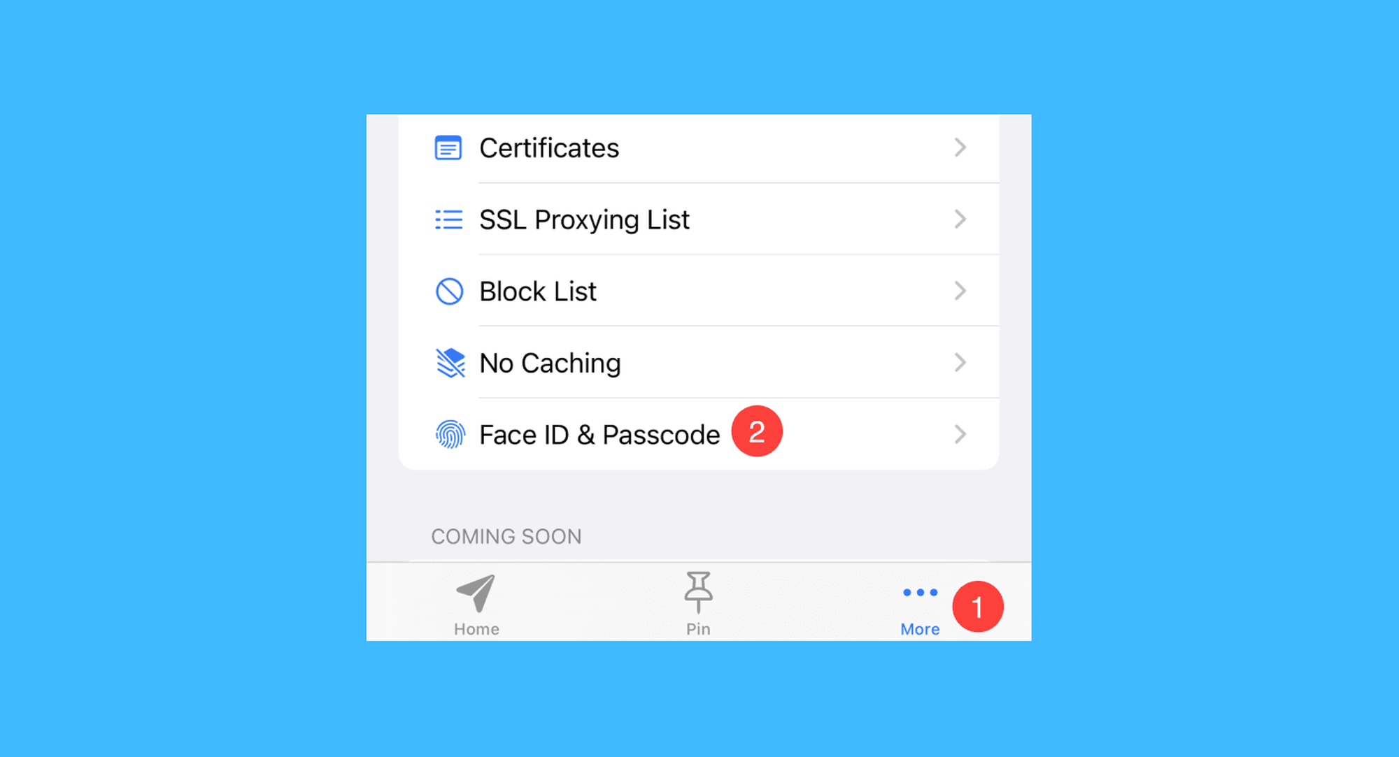 Proxyman真实操作步骤3：iOS 端 激活教程： 一、运行 Proxyman 后，依次点击「More > Face ID & Passcode」按钮；