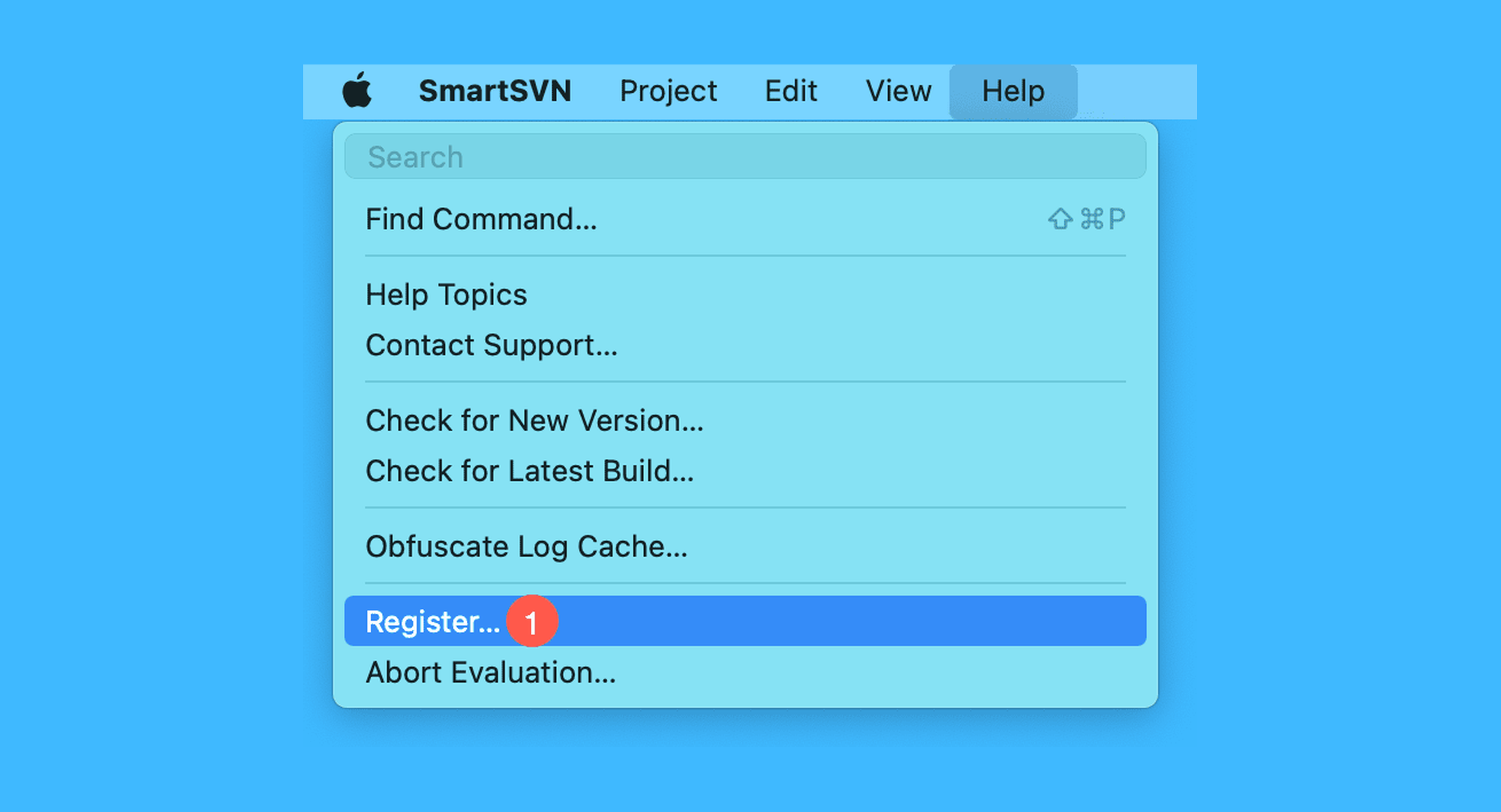 SmartSVN真实操作步骤1：一、运行 SmartSVN 后，依次点击菜单栏「 Help > Register…」按钮；