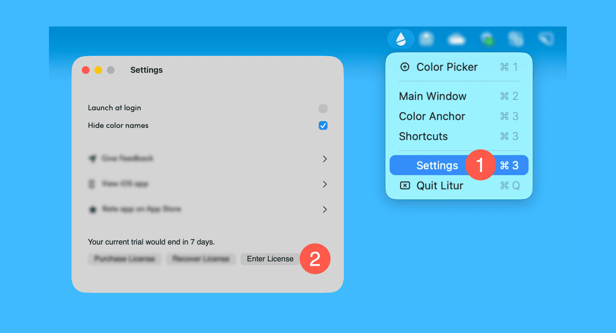 Litur 4真实操作步骤1：一、运行 Litur 后，依次点击菜单栏「软件图标 > Settings > Enter License」按钮：