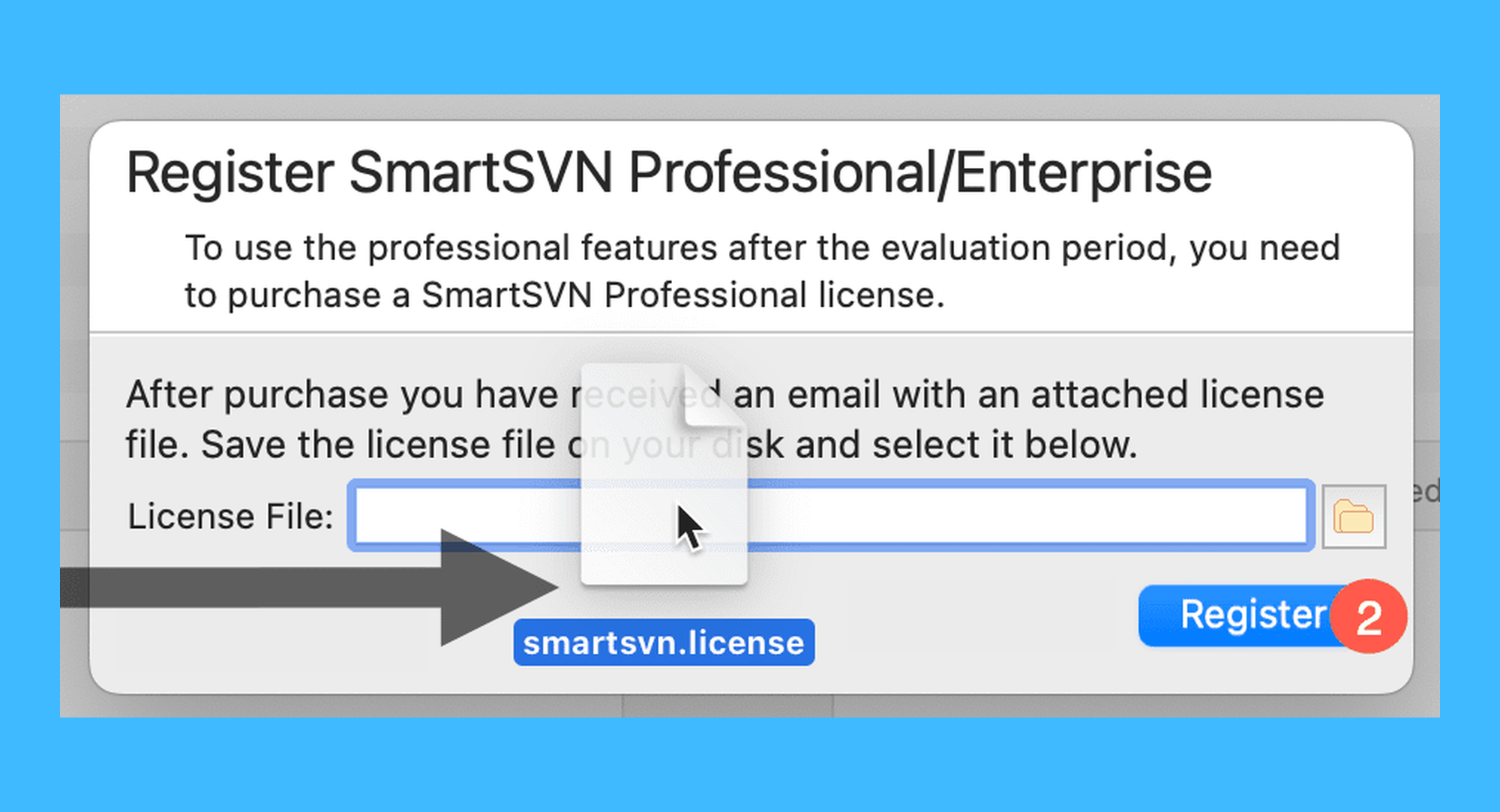 SmartSVN真实操作步骤2：二、下载授权邮件中的授权文件，将其拖拽到激活窗口中松开，点击「Register」按钮即可完成激活。