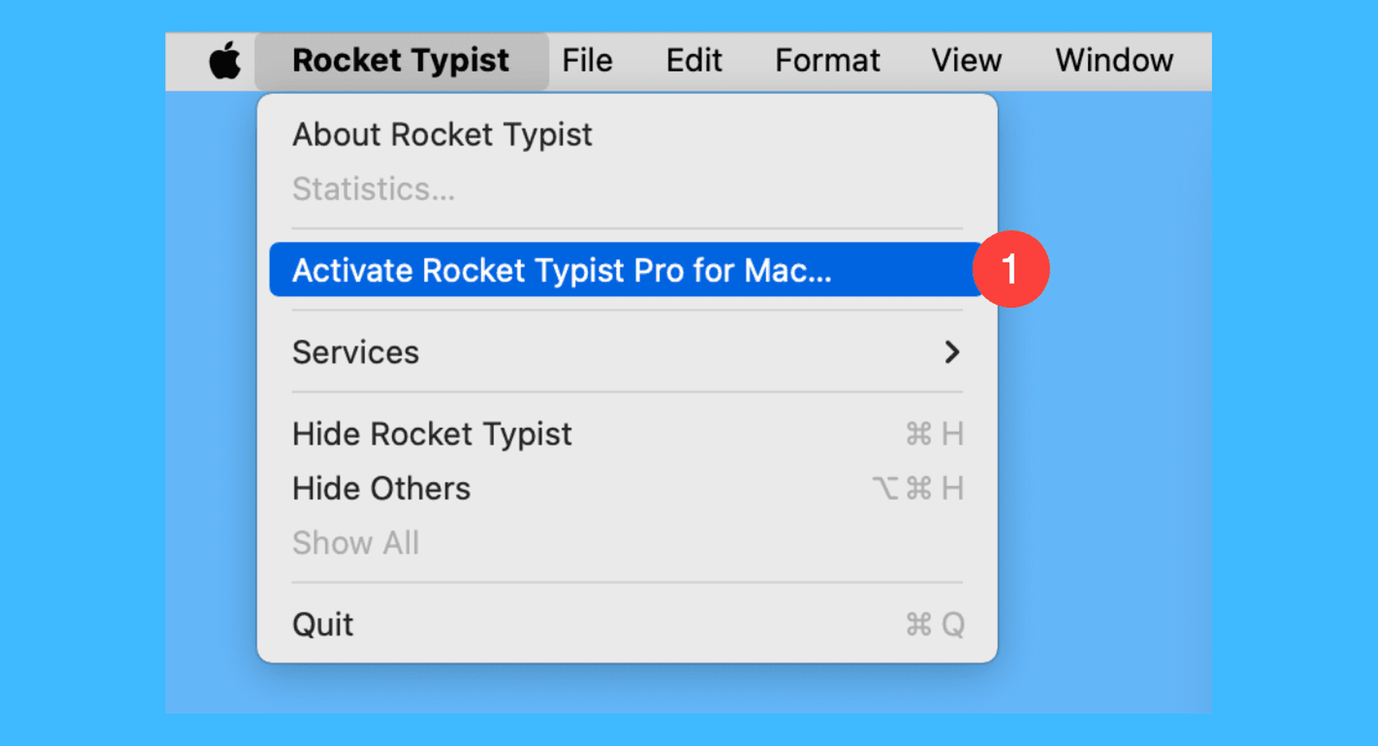 Rocket Typist真实操作步骤1：一、运行 Rocket Typist，依次点击「Rocket Typist > Activate Rocket Typist Pro for Mac…」按钮；