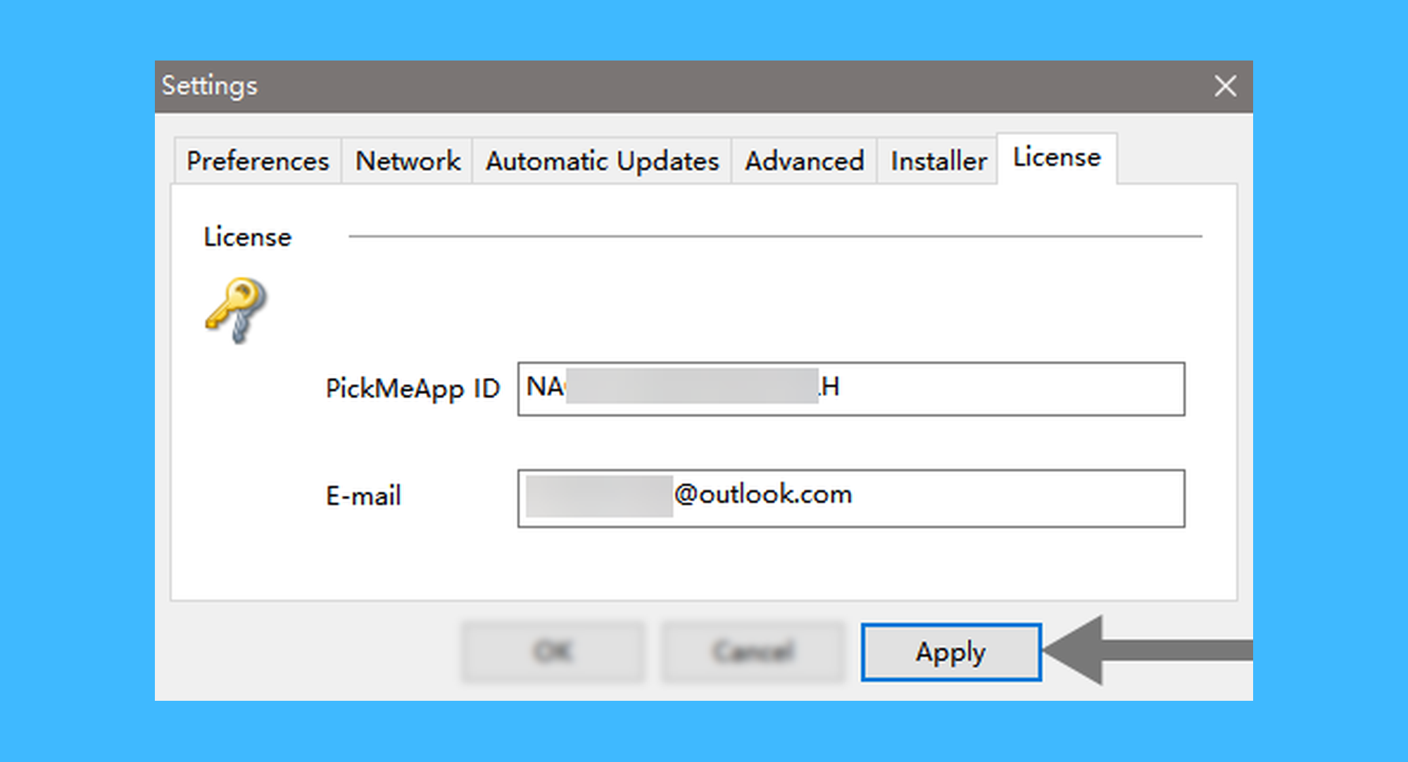 PickMeApp真实操作步骤1：运行 PickMeApp 后，在弹出的 「License 」窗口中输入授权码及邮箱，再点击「 Apply」激活即可。