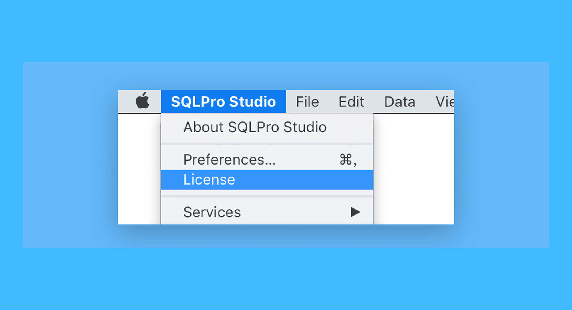 SQLPro真实操作步骤1：一、启动软件，点击顶部菜单栏「SQLPro Studio > License」选项；