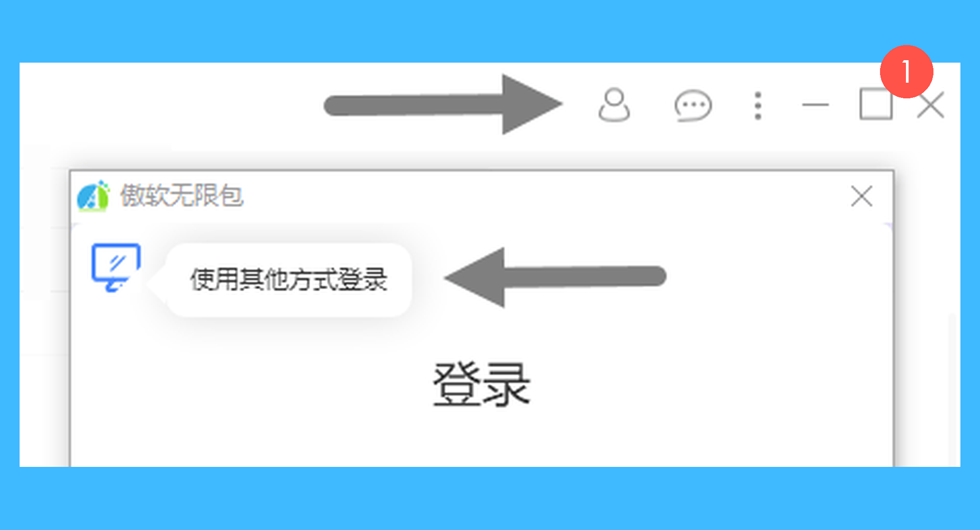 Apowersoft Unlimited真实操作步骤1：一、运行 Apowersoft Unlimited，点击软件界面右上角的人物图标，并使用邮箱注册 & 登录；