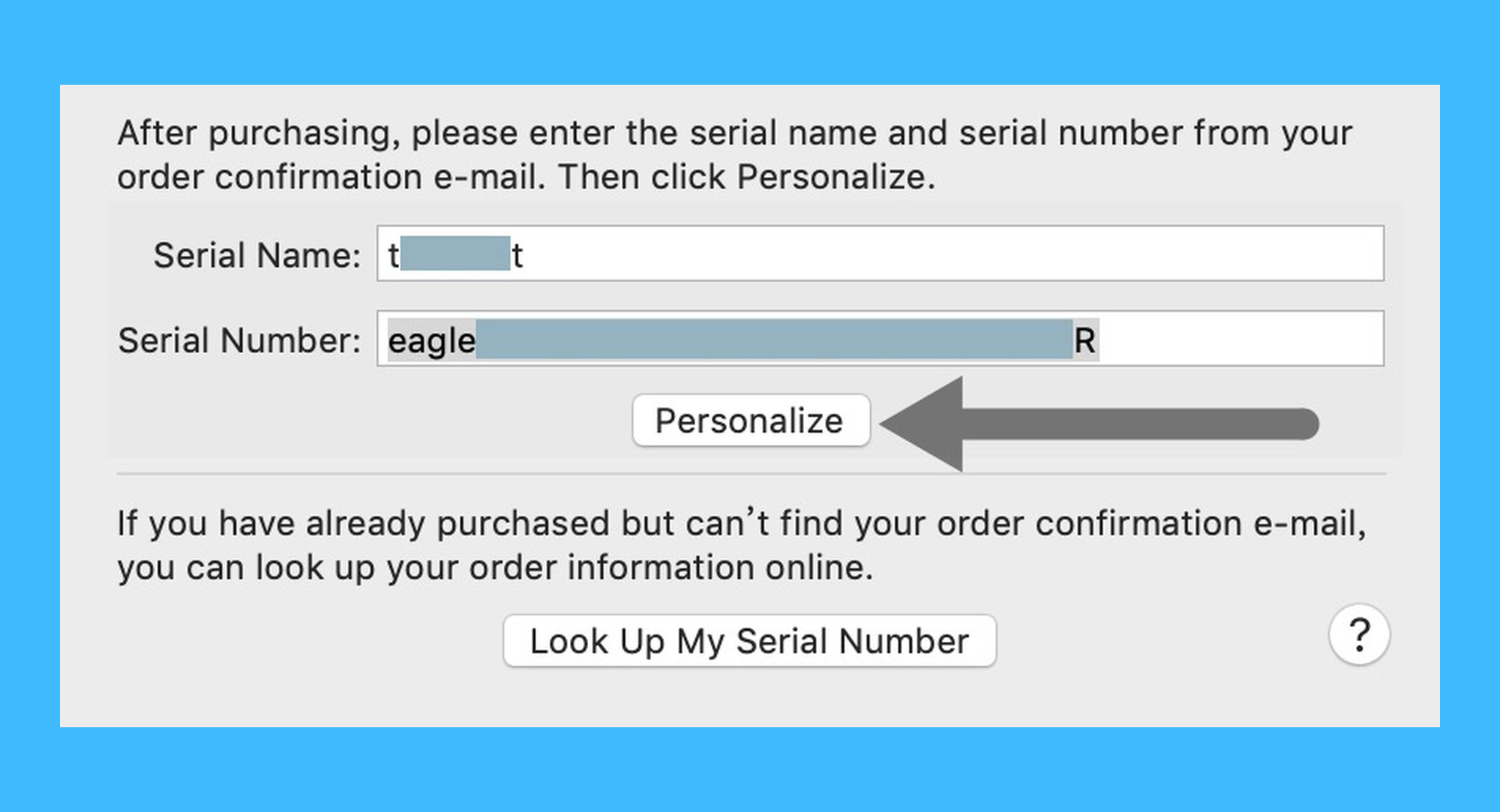 EagleFiler真实操作步骤2：二、在弹出的窗口中输入授权名和授权码，点击「Personalize」即可解锁全部功能。
