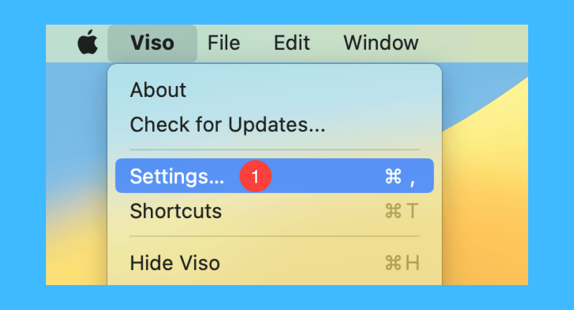 Viso 7真实操作步骤1：一、运行 Viso 应用后，依次点击菜单栏「Viso > Settings…」按钮；