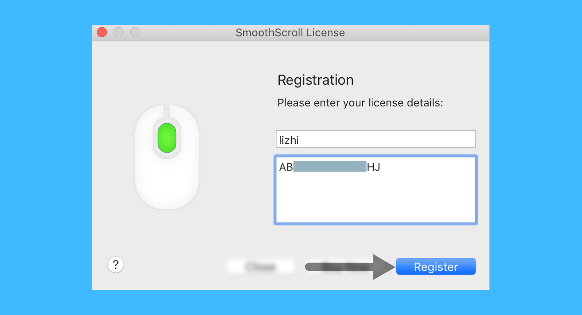 SmoothScroll真实操作步骤2：二、在弹出窗口的输入框内，填写姓名 & 激活码，点击「Register」按钮完成激活。