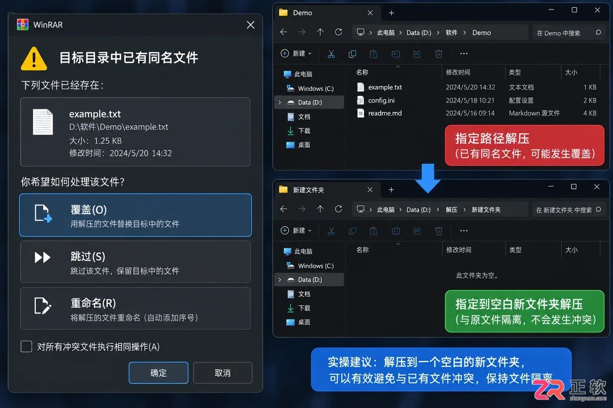 WinRAR怎么解压文件:右键菜单“解压到当前文件夹”与指定路径的区别