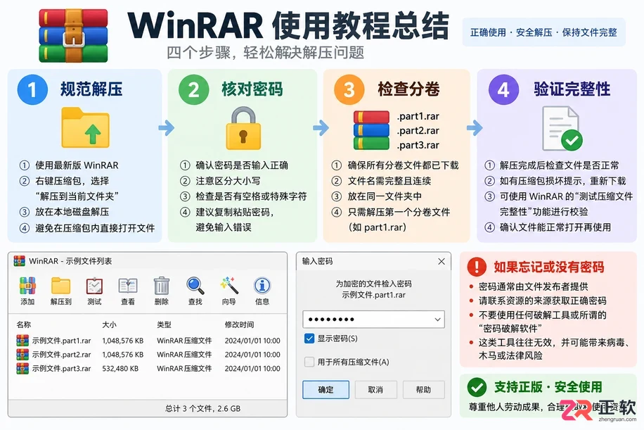WinRAR解压带密码压缩包的方法及密码错误排查