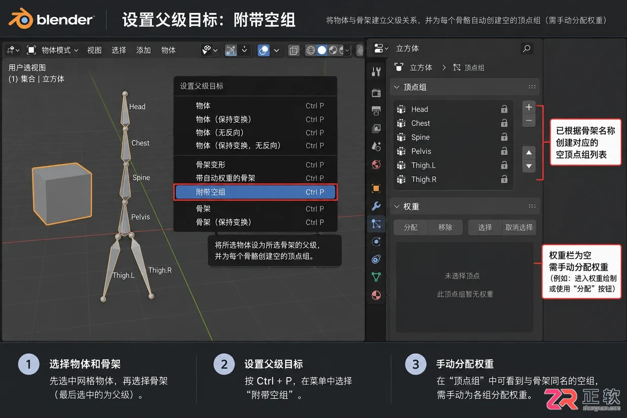 blender怎么绑定骨骼数据到模型的实用教程
