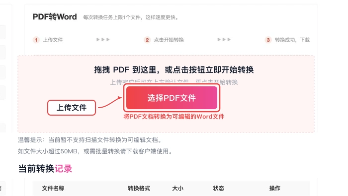 PDF.cn PDF转Word页面上传PDF文件的真实步骤图
