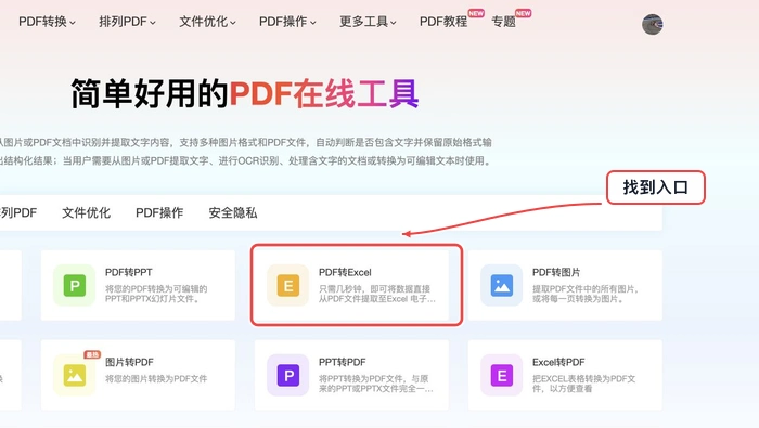 PDF.cn 首页找到PDF转Excel入口的真实步骤图