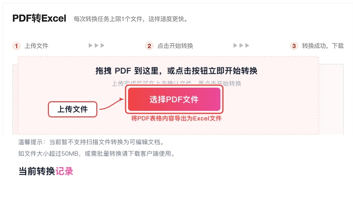 PDF.cn PDF转Excel页面上传PDF文件的真实步骤图