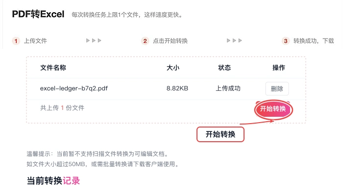 PDF.cn PDF转Excel页面点击开始转换的真实步骤图