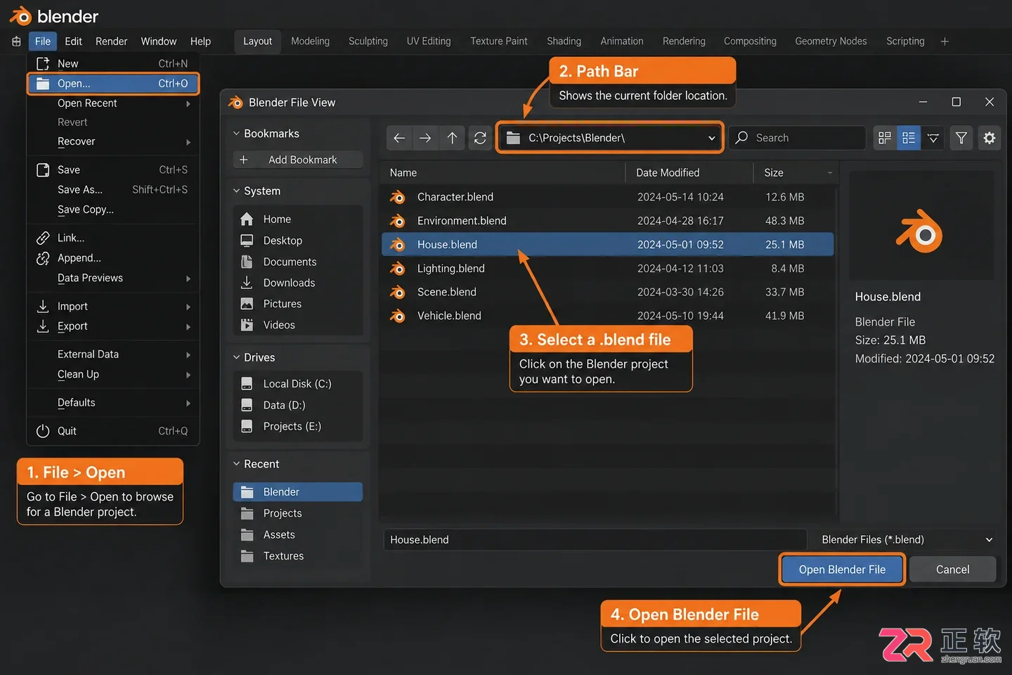blender怎么打开文件的详细操作步骤教程