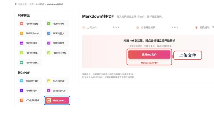 PDF.cn Markdown转PDF页面上传Markdown文件的真实步骤图