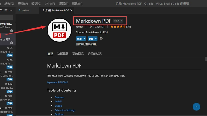 VS Code Markdown PDF 扩展界面